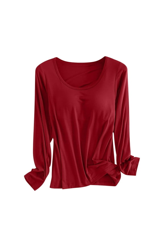 Long Sleeve Built in Bra Top, Hugcore Women Seamless Built-in Bra Long Sleeve Shirts Basic Tops Long Sleeve Pajama Yoga Top Casual Top Tee Sleepwear with Built in Bra Wine XL