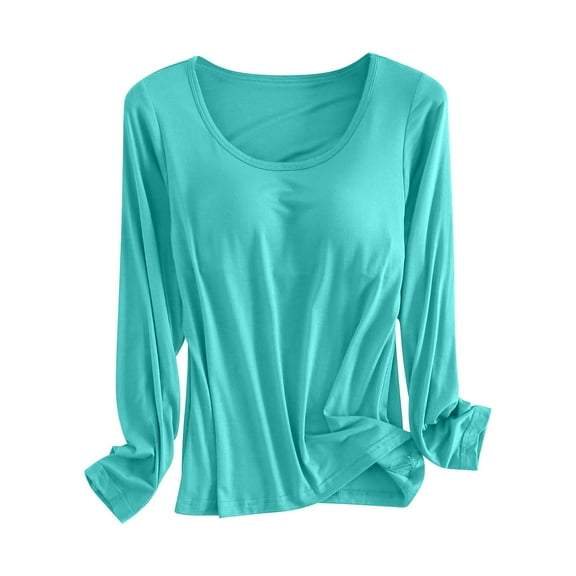 Long Sleeve Built in Bra Top, Hugcore Women Seamless Built-in Bra Long Sleeve Shirts Basic Tops Long Sleeve Pajama Yoga Top Casual Top Tee Sleepwear with Built in Bra Green M