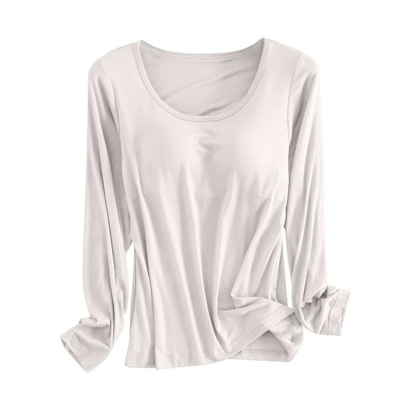 Long Sleeve Built in Bra Top, Hugcore Women Seamless Built-in Bra Long Sleeve Shirts Basic Tops Long Sleeve Pajama Yoga Top Casual Top Tee Sleepwear with Built in Bra White M