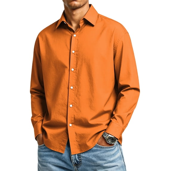 Long Sleeve Button Down Dress Shirts for Men Classic Collar Regular Fit Solid Color Casual Business Tops Orange 4XL