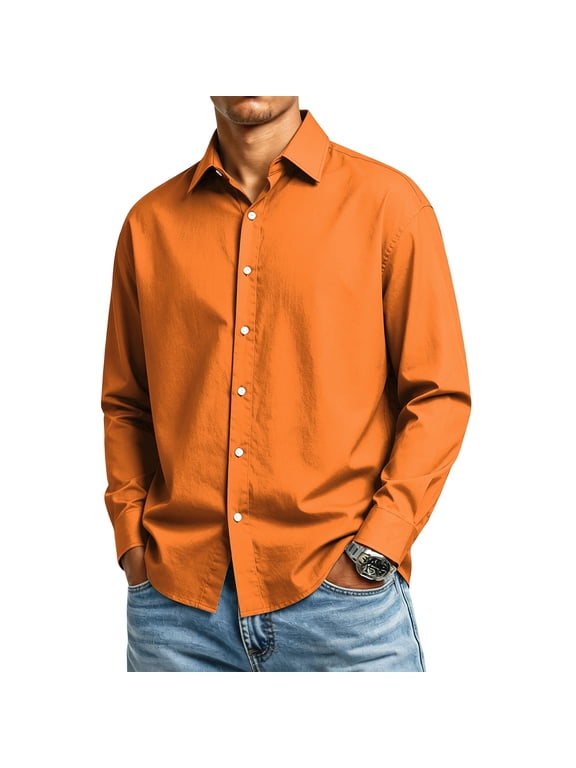 Long Sleeve Button Down Dress Shirts for Men Classic Collar Regular Fit Solid Color Casual Business Tops Orange M