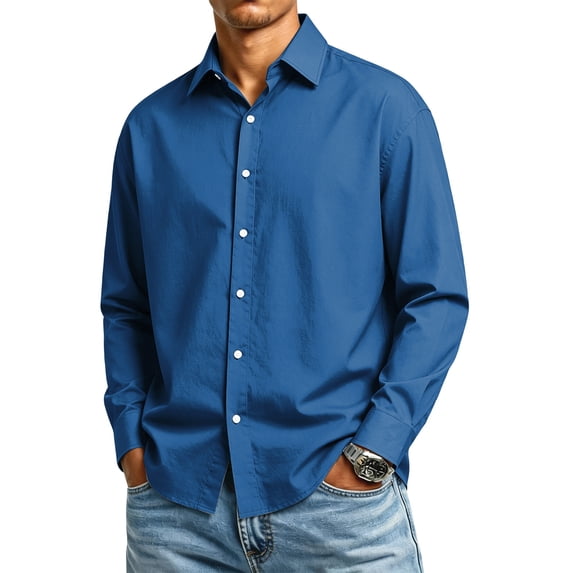 Long Sleeve Button Down Dress Shirts for Men Classic Collar Regular Fit Solid Color Casual Business Tops Royal Blue S