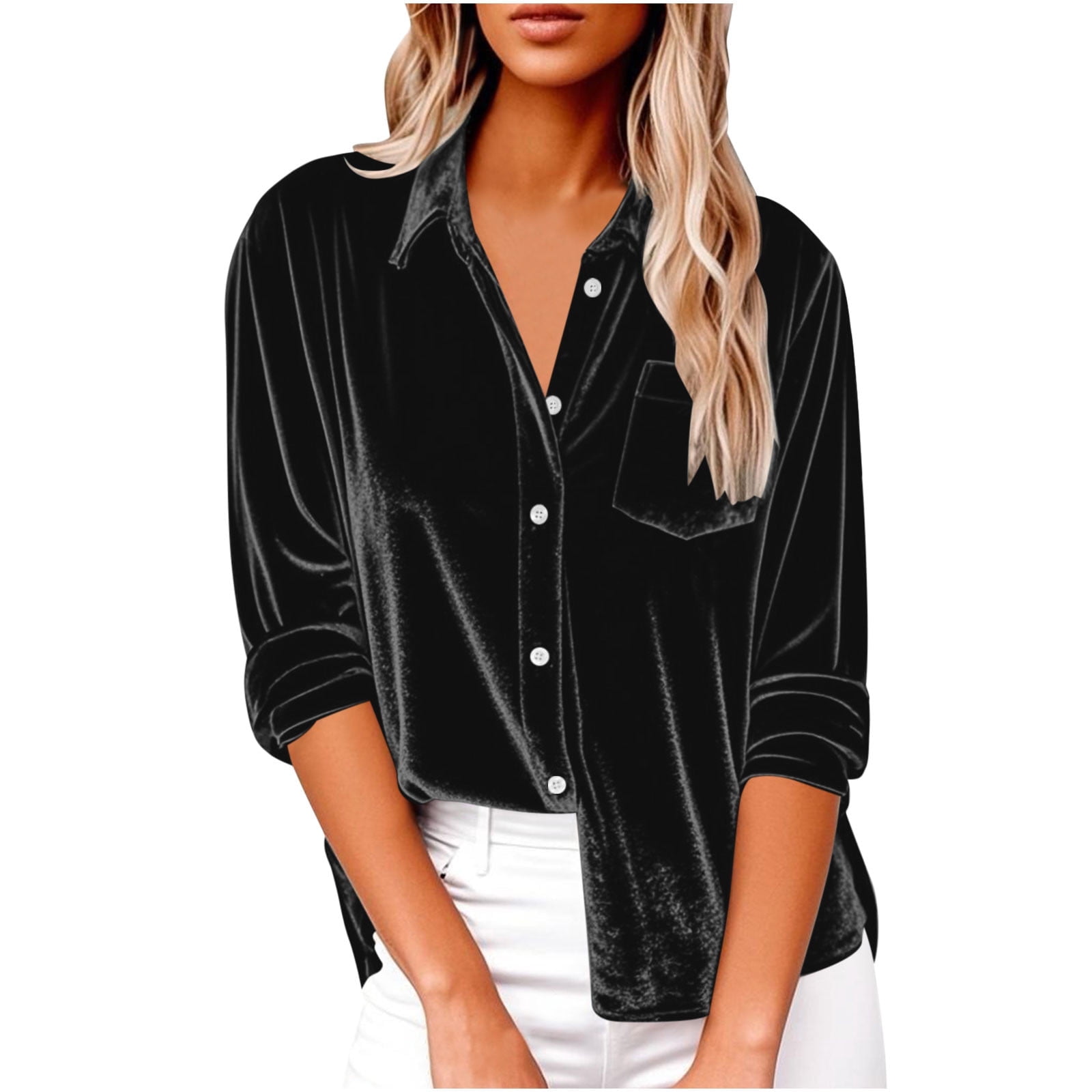 Long Sleeve Button Down Gold Velvet Tops for Women Relaxed Fit Casual  Velvet Blouse with Chest Pocket and Turn Down Collar Black L - Walmart.com