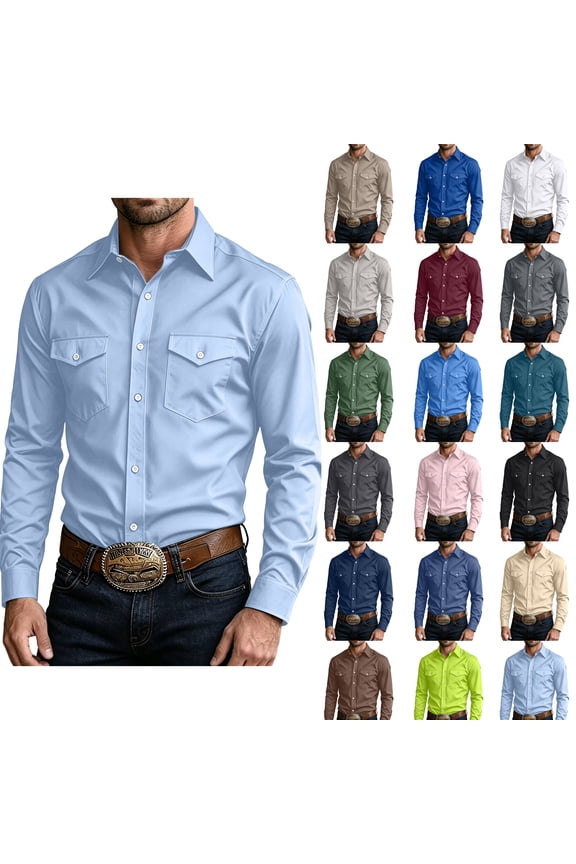 Long Sleeve Button Down Shirt for Men Solid Color Snap Button Down Casual Work Shirt with Double Chest Pockets