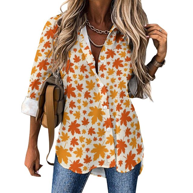Long Sleeve Button Down Shirts for Women, Autumn Red And Orange Maple