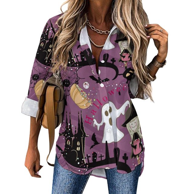 Long Sleeve Button Down Shirts for Women, Halloween Witch Cartoon Soft
