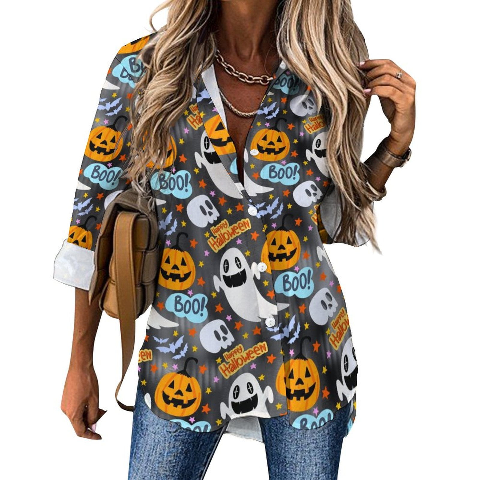 Long Sleeve Button Down Shirts for Women, Happy Halloween Spooky