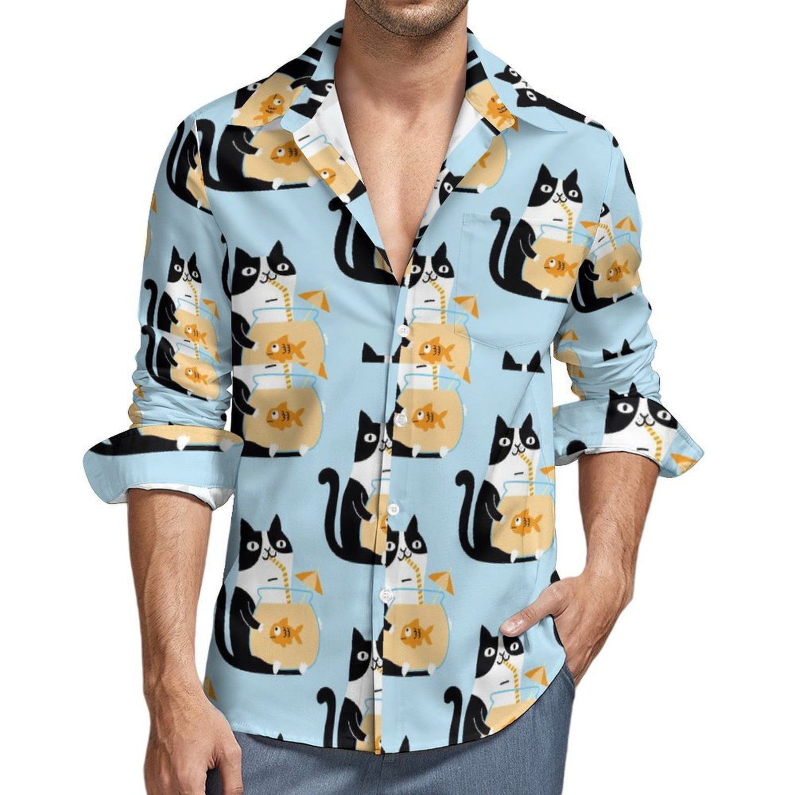 Cartoon Cat Mens Cat Shirt Button Up Long Sleeve Button Down