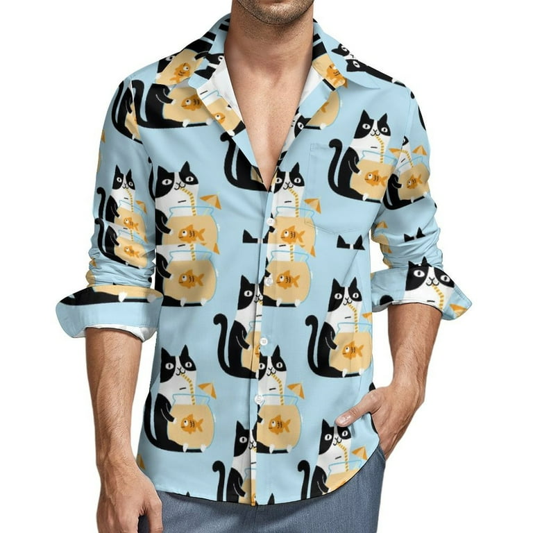 Long Sleeve Button Down Shirts for Men, FUNNY CAT IS DRINKING