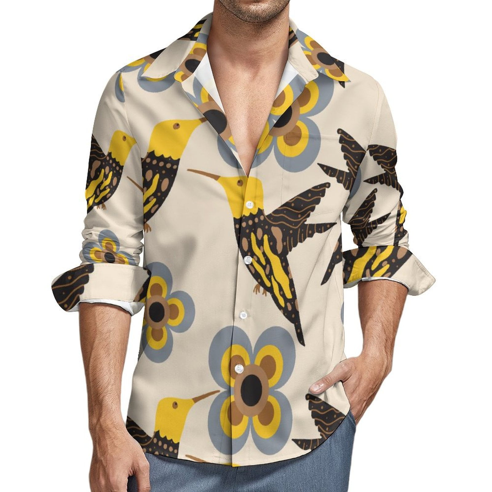 Long Sleeve Button Down Shirts for Men, Yellow Flowers Hummingbird