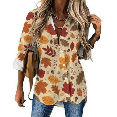 Long Sleeve Button Down Shirts for Women Autumn Leaves 2 V Neck Button Up Shirt, Fall Tops for Women 2024
