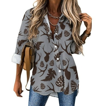 Long Sleeve Button Down Shirts for Women Brown Moose with Pinecones V Neck Button Up Shirt, Fall Tops for Women 2024