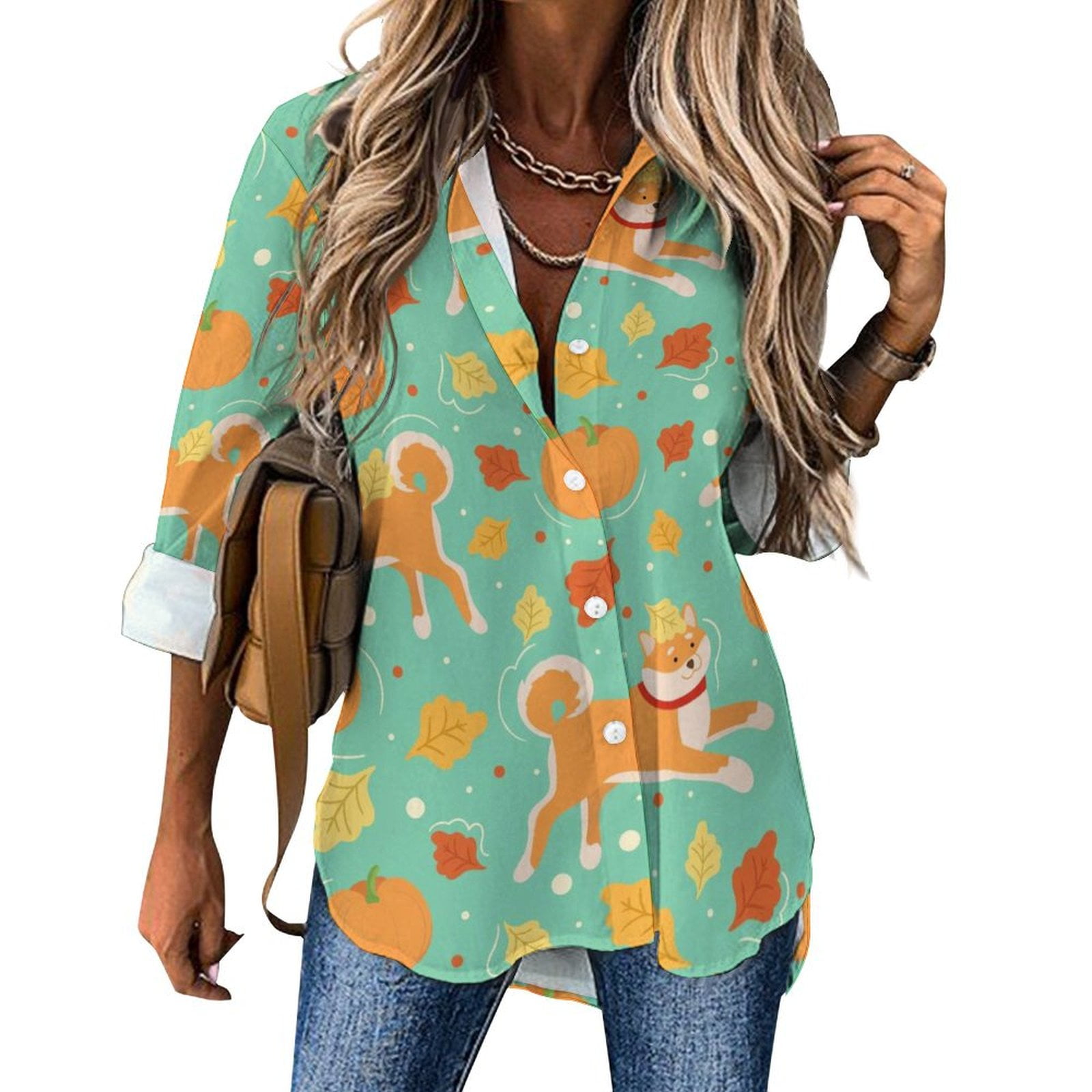 Long Sleeve Button Down Shirts for Women, Cute Shiba And Pumpkins Fall