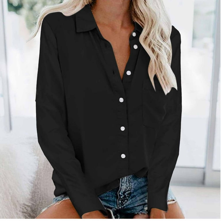 AKOEE Long Sleeve Button Down Shirts for Women Dressy Casual Blouses Lightweight Soft Lapel Collared Office Work Wear Large Black