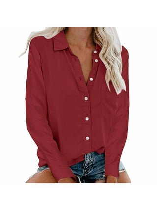 MRULIC t shirts for women Women Casual Loose Linen Soild Button Long Sleeve Long  Shirt Blouse Tops Womens t shirts Red + S 