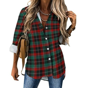 Long Sleeve Button Down Shirts for Women Tartan Plaid V Neck Button Up Shirt, Fall Tops for Women 2024