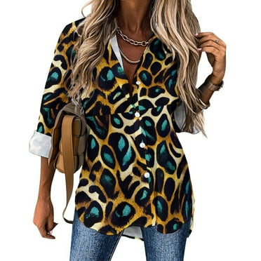 Long Sleeve Button Down Shirts for Women Teal Leopard V Neck Button Up Shirt, Fall Tops for Women 2024