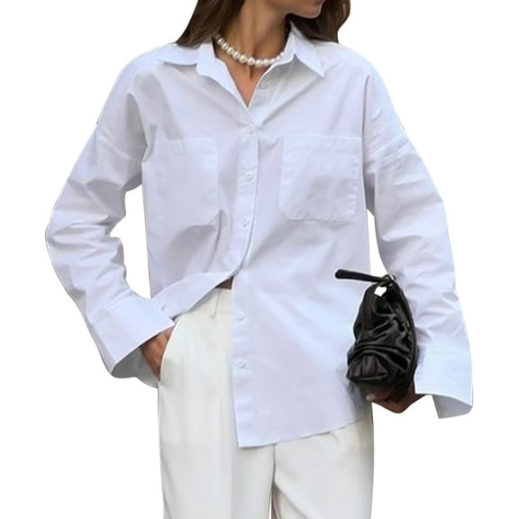 Long Sleeve Button Down Shirts for Women Trendy Fall Casual Loose Business Work Blouses Tops White L