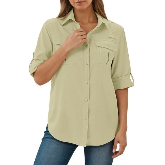 Long Sleeve Button Down Shirt for Women Cargo Lightweight Travel Hiking Shirt with Foldable Sleeves Casual Tops Fall Outfits 2025 Basic Tees Trendy Clothes (Khaki, L)