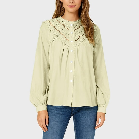 Long Sleeve Button Shirts for Women Lace Hollow out Elegant Dressy Casual Blouses Office Work Shirt Tops Yellow M