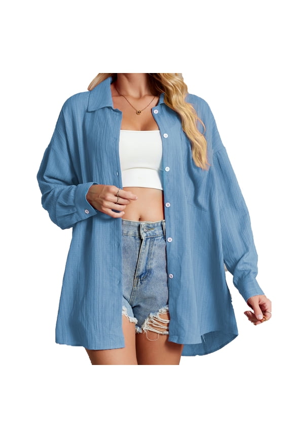 Long Sleeve Button Up Shirt for Women Blue Lapel Blouses Casual Fall Outfits