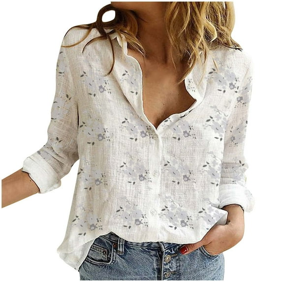 Long Sleeve Button Up Shirt for Women Fall Spring Casual Floral Print Lapel Dressy Casual Blouses Plus Size Tops (M, White)