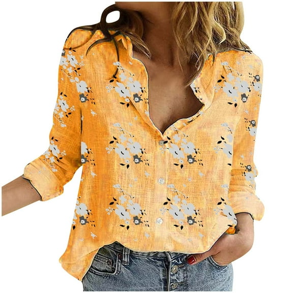 Long Sleeve Button Up Shirt for Women Fall Spring Casual Floral Print Lapel Dressy Casual Blouses Plus Size Tops (XL, Yellow)