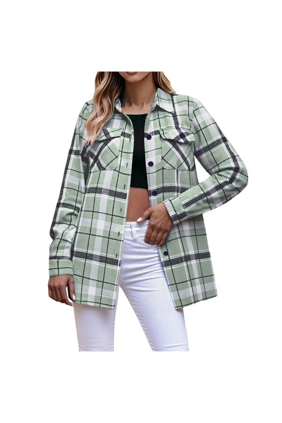 Long Sleeve Button Up Shirts for Women Casual Plaid Dressy Lightweight Shirts Fashion Fall Shacket with Pockets Mint Green 2XL