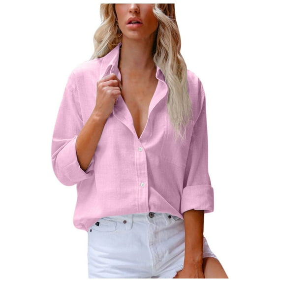 Long Sleeve Button Down Womens Linen Shirts Loose Lapel V Neck Solid Color Dressy Casual Office Work Blouses (Small, Pink)