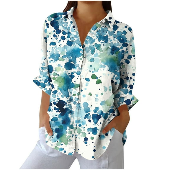 Long Sleeve Button Up for Women Plus Size Graphic Print Lapel Collared Blouses Casual Christmas Holiday Outfits (M, Light Blue)