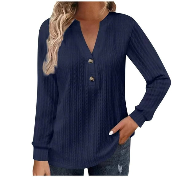 Long Sleeve Button V Neck Tops for Women Plus Size Tunic Shirts Pullover Blouses Casual T-Shirts Navy,3XL