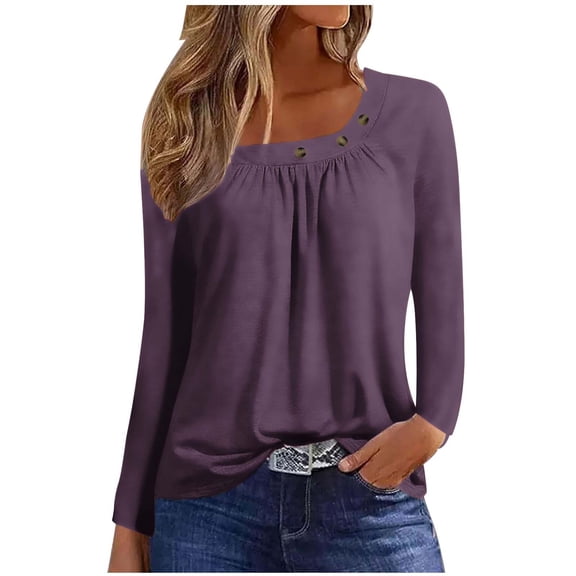 Long Sleeve Button up Shirts for Women Tight Business Casual Tops for Women Long Sleeve Solid Button Fashion Round Neck Comfortable Long Sleeve Top