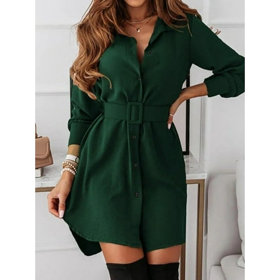 Long Sleeve Buttoned Shirt Dress With Belt 1