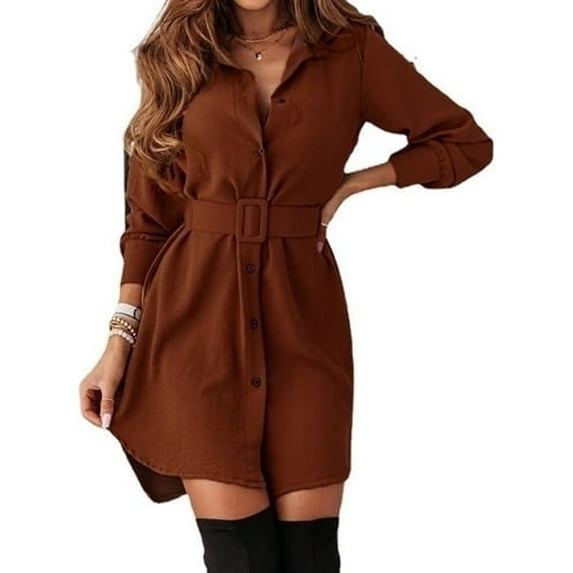 Long Sleeve Buttoned Shirt Dress With Belt 1