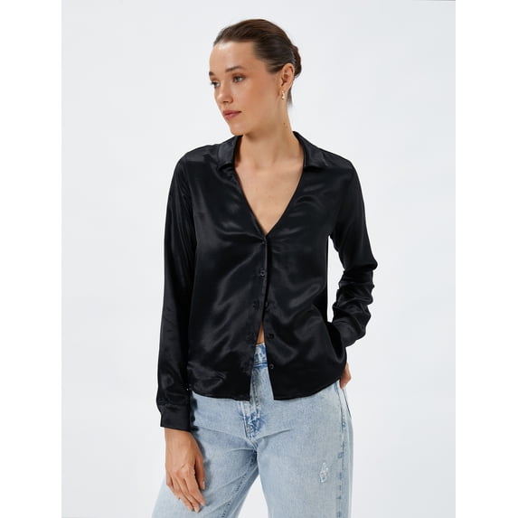 Long Sleeve Buttoned V Neck Satin Shirt