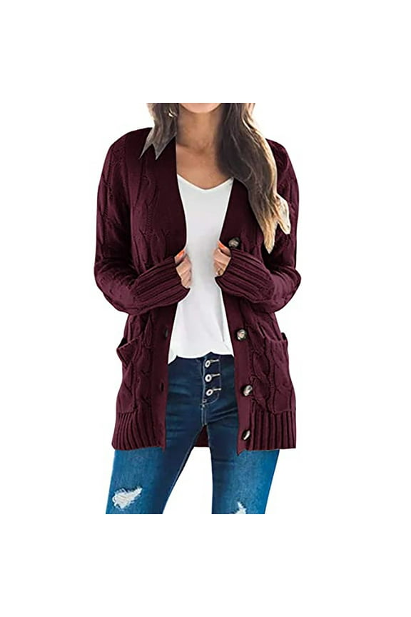 Long Sleeve Cable Knit Cardigan for Women Fall Winter Open Front Button Long Sweaters Coats with Pockets Winter Long Coats for Women Wine M