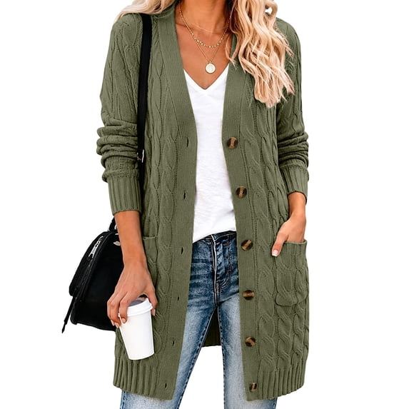 Long Sleeve Cable Knit Long Cardigan for Women,Open Front Button Loose Outwear,2026 Spring Winter Chunky Sweaters with Pockets,Oversized Slouchy Basic Warm Trendy Fall Fashion Clothing Blackish Green