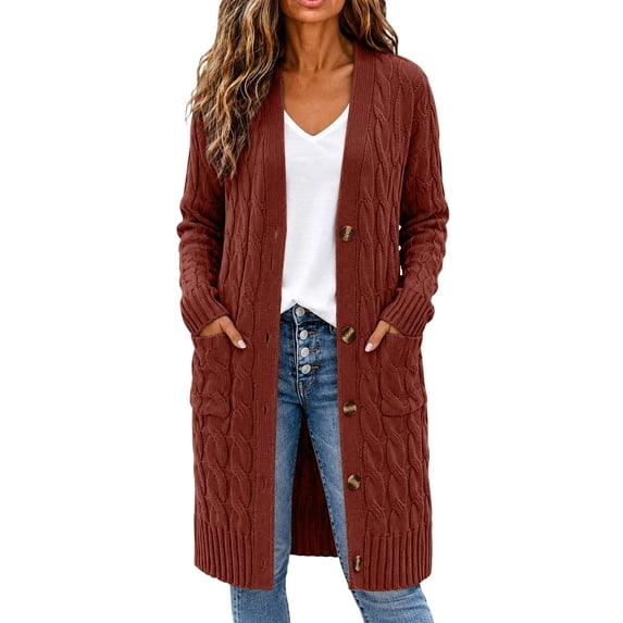 Long Sleeve Cable Knit Long Cardigan for Women,Open Front Button Loose Outwear,2026 Spring Winter Chunky Sweaters with Pockets,Oversized Slouchy Basic Warm Trendy Fall Fashion Clothing Brick Red