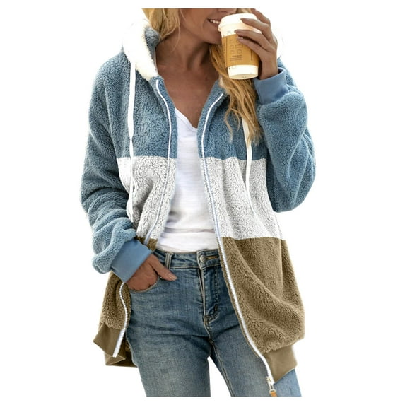 Long Sleeve Cardigan Hoodies for Womens Winter Fall Clothes Stitching Pocket Hooded Warm Artificial Wool Pockets Tops