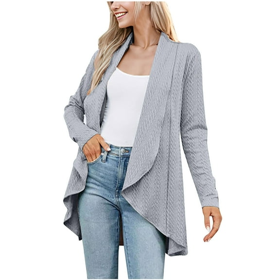 Long Sleeve Cardigan for Women with Pockets Solid Color Open Front Knitted Cardigan Fall Casual Loose Sweater Coat (Gray 2XL)