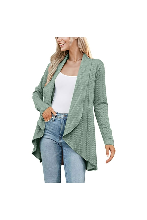 Long Sleeve Cardigan for Women with Pockets Solid Color Open Front Knitted Cardigan Fall Casual Loose Sweater Coat (Green 2XL)