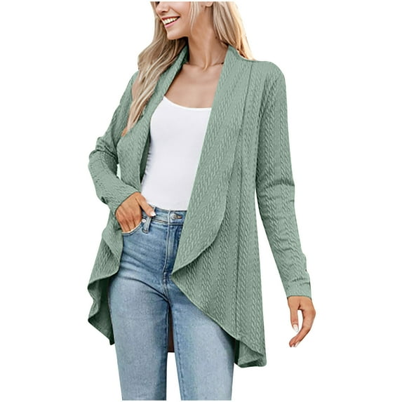 Long Sleeve Cardigan for Women with Pockets Solid Color Open Front Knitted Cardigan Fall Casual Loose Sweater Coat (Green M)