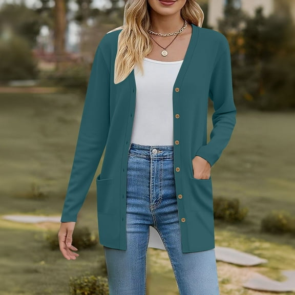 Long Sleeve Cardigan with Pockets, Women's Casual Duster, Open-Front Knit Green Xxl , Cardigan