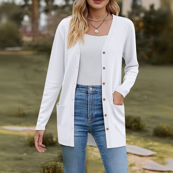 Long Sleeve Cardigan with Pockets, Women's Casual Duster, Open-Front Knit White 3Xl , Cardigan