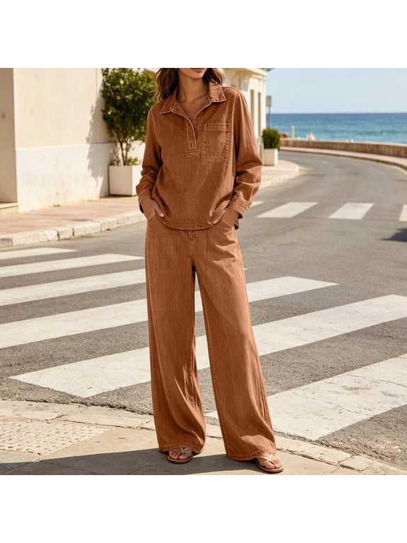 Long Sleeve Cardigans Suit Set Women Denim Pant Set Collared Long Sleeve Pullover Tops Wide Leg Jeans with Pocket Loose Fitting Casual Vacation 2 Piece Outfit Brown L