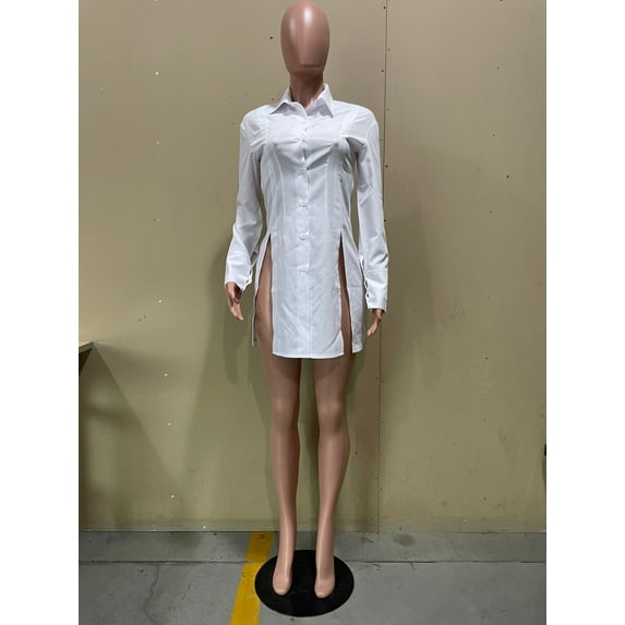 Long Sleeve Casual Blouse Shirt Dress (M, LightGreen)