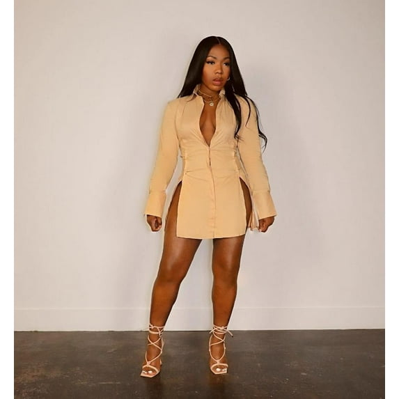 Long Sleeve Casual Blouse Shirt Dress (XL, NavajoBeige)