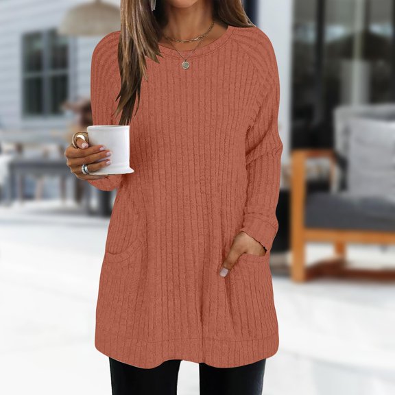 Long Sleeve Casual Loose Fit Rib Knit Lightweight Crew Neck Pullover with Pockets, Ideal for Fall Outfits, Trendy Tops to Wear with Leggings, Orange L, Size S-XXXXL