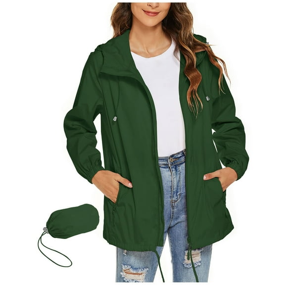 Long Sleeve Casual Loose Outerwear New Womens Waterproof Raincoat Lightweight Breathable Rain Jacket Hooded Outdoor Active Windbreaker with Pocket Green M