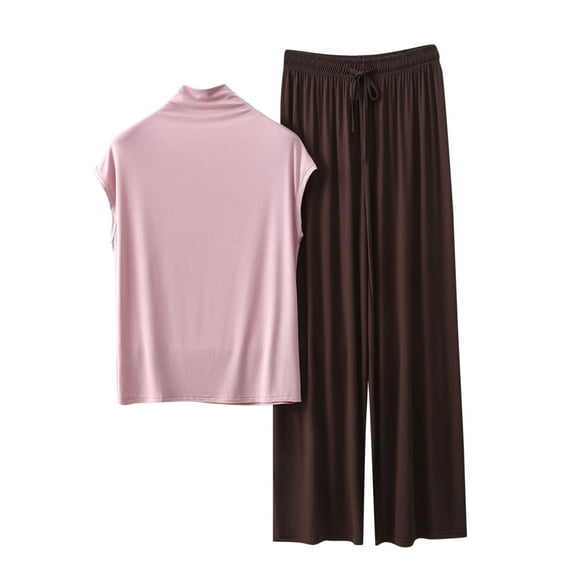 Long Sleeve Casual Outfit for Women New Pajamas for Women 2 Piece Set Casual Mock Neck Tops and Flowy Pants Sleepwear Soft Comfy Cap Sleeve Lounge Set Coffee XL